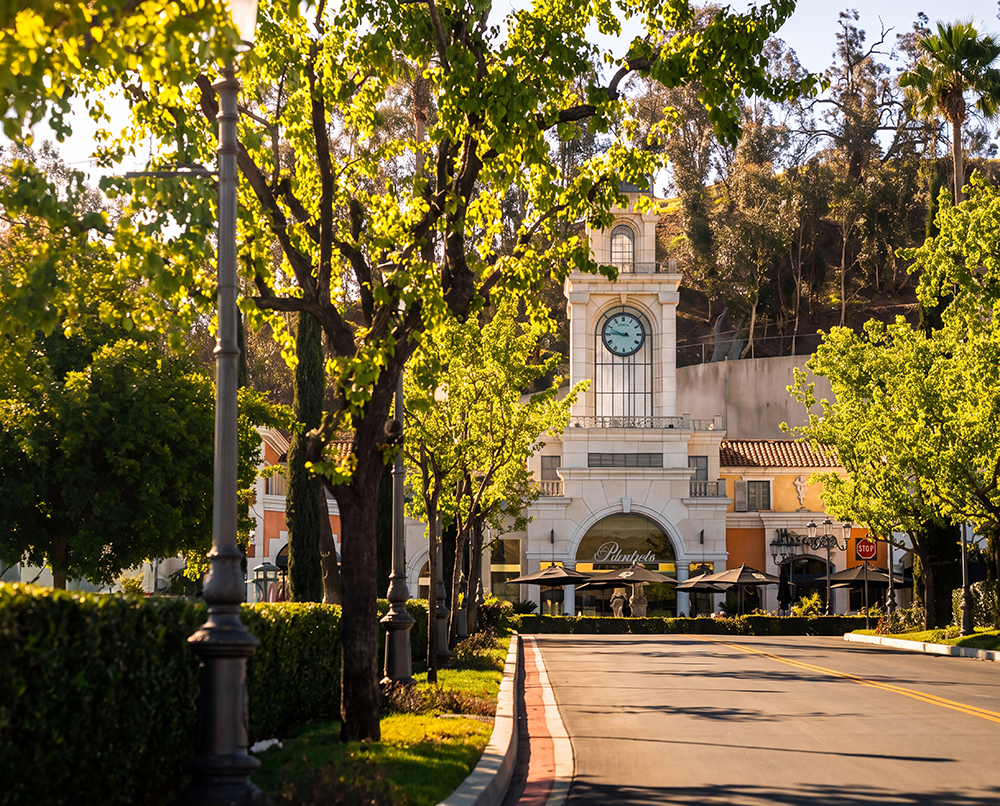 The Commons at Calabasas clock tower and outdoor shops