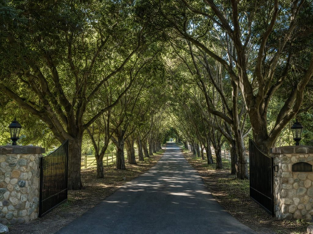 Tree-lined private driveway behind stone pillars and an iron gate at a gated estate