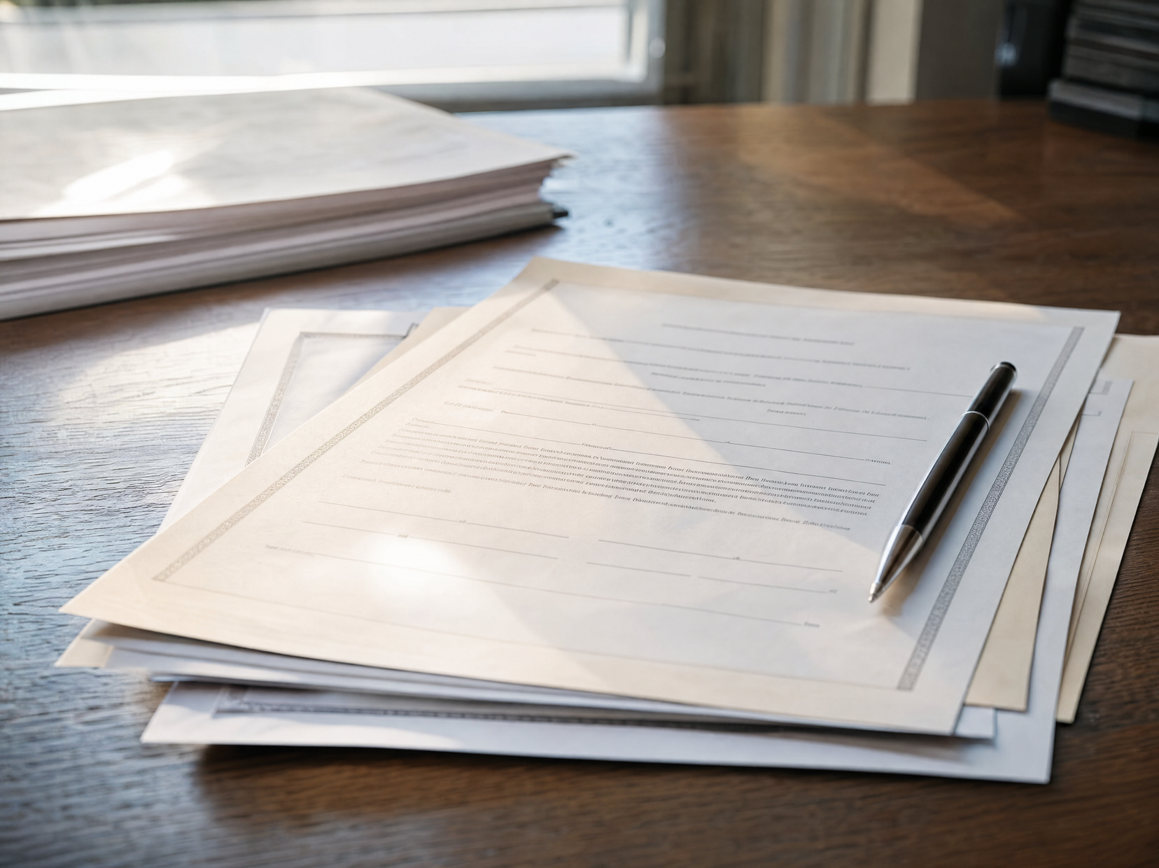 Trust and LLC paperwork with a pen on a desk, used to buy a home without the buyer's name on the deed