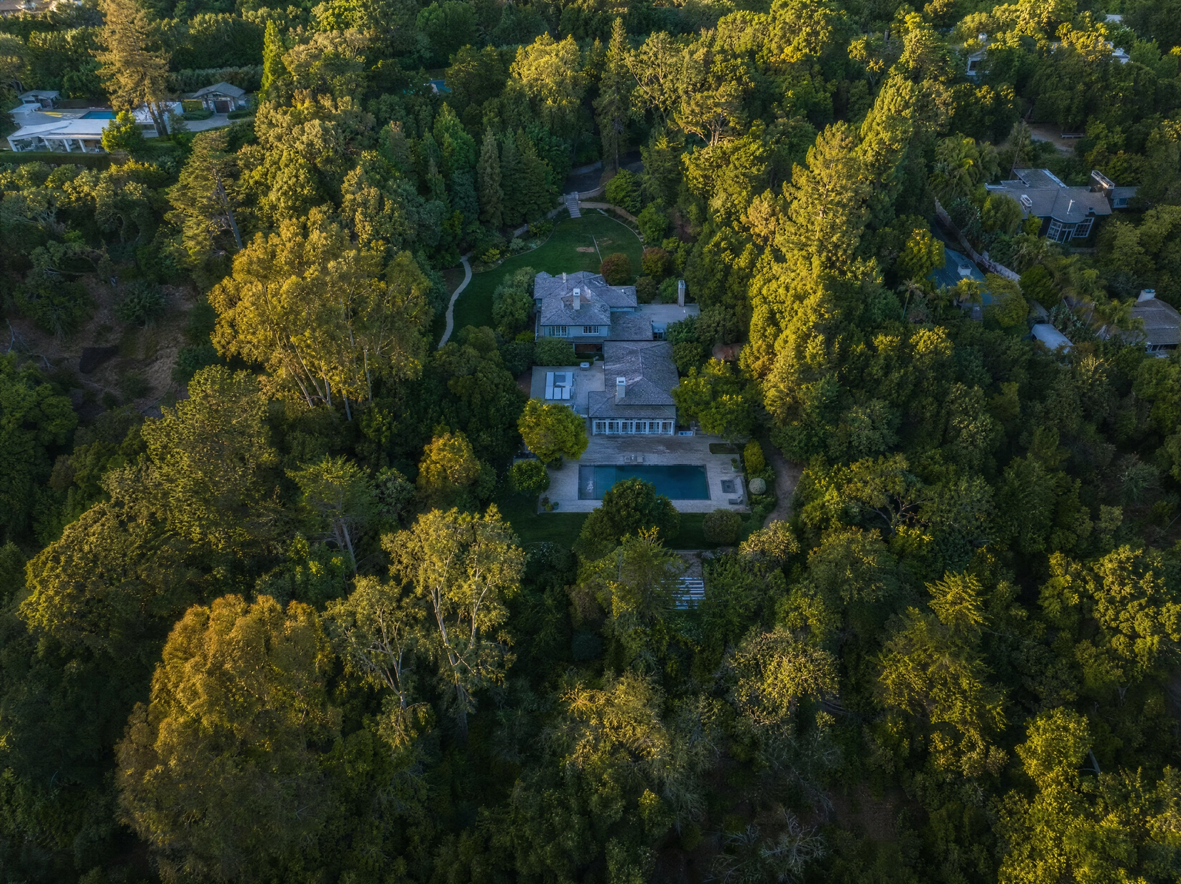 Aerial view of a private estate hidden by mature trees, with a deep setback and screened sightlines