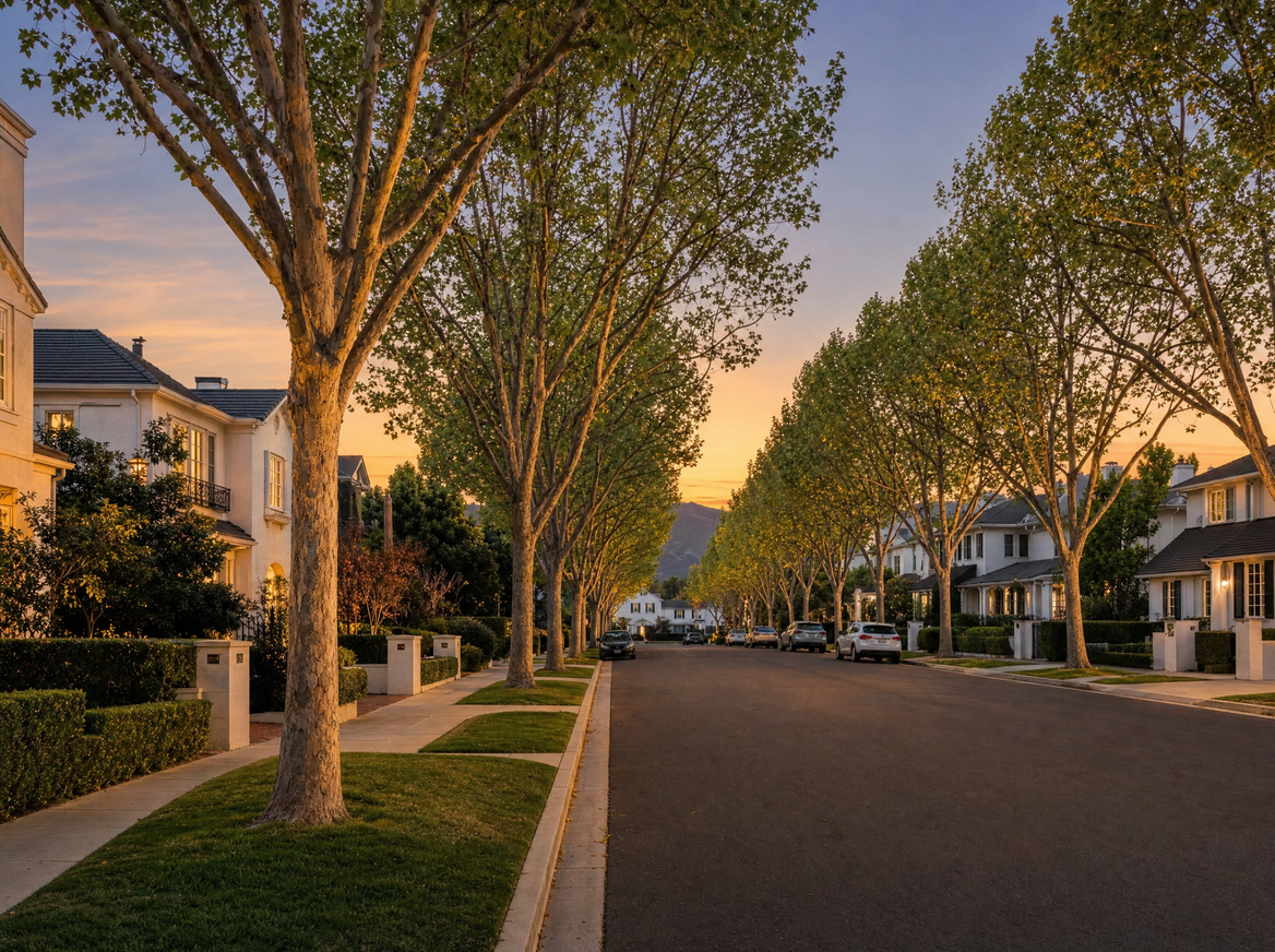 Tree-lined street of estate homes in a gated Calabasas community
