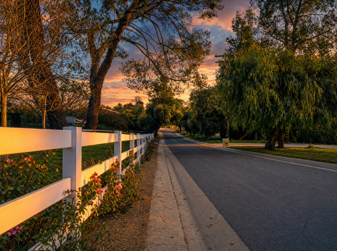 White three-rail fence along a bridle trail in Hidden Hills, California