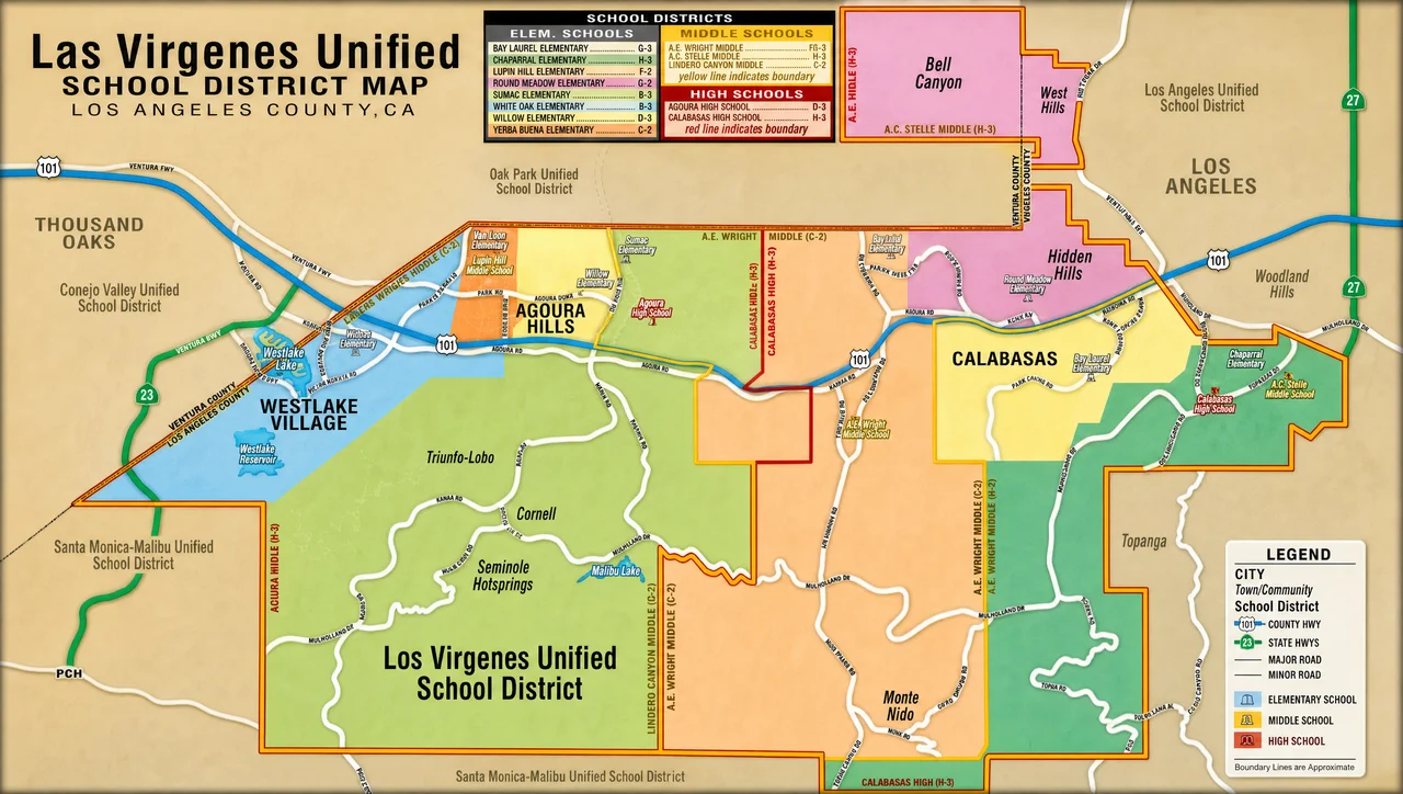Map of Las Virgenes Unified School District boundaries covering Calabasas, Hidden Hills, Agoura Hills, Bell Canyon, and Westlake Village