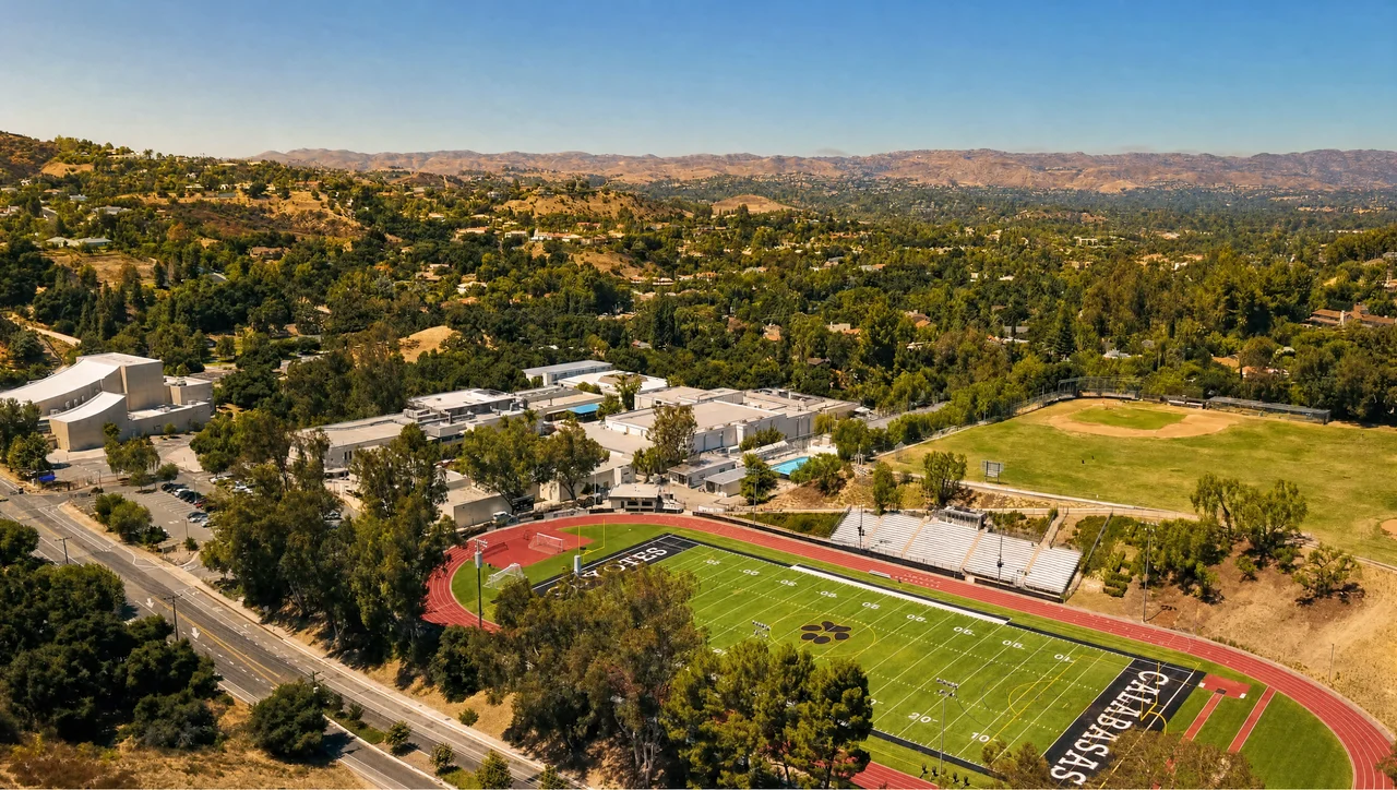 Aerial view of Calabasas High School campus, track, and football field