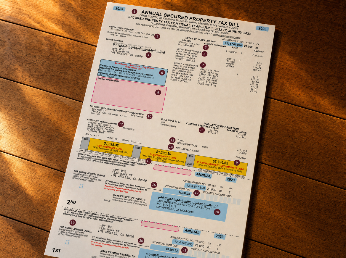 Los Angeles County secured property tax bill showing direct assessment line items
