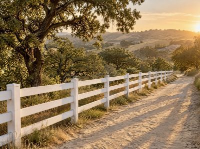 White three-rail fence lining a bridle trail in Hidden Hills, California