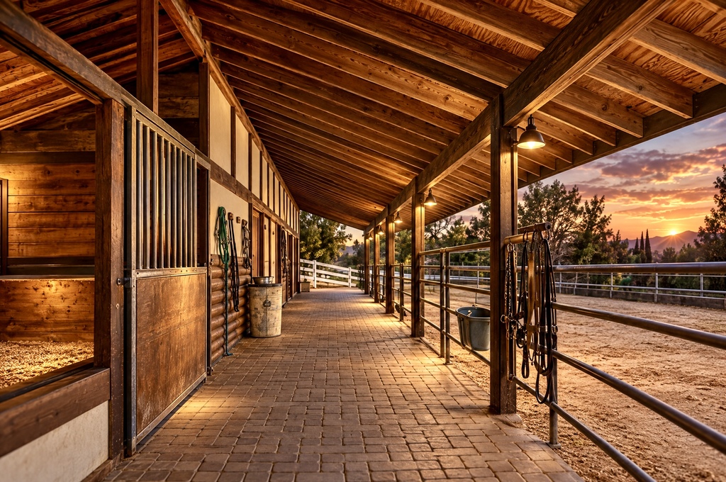 Private horse barn with turnout paddock on flat land near Calabasas