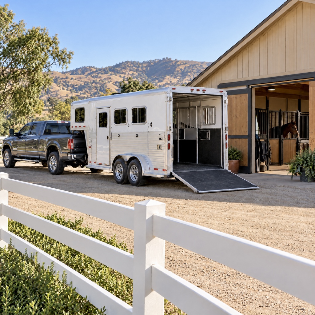 Horse trailer parked at a barn, ready for evacuation in wildfire season