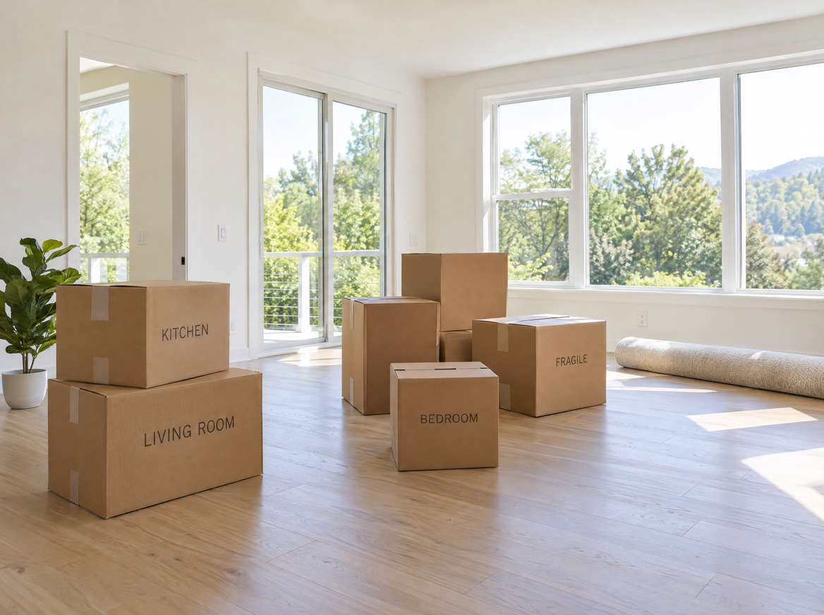 Moving boxes in a sunlit living room in a new home