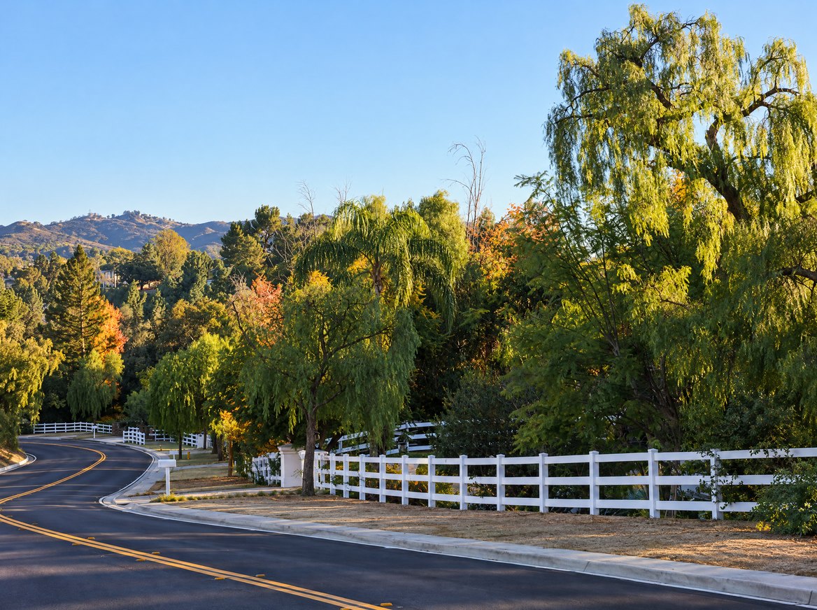 Quiet road with white rail fencing in Hidden Hills, California